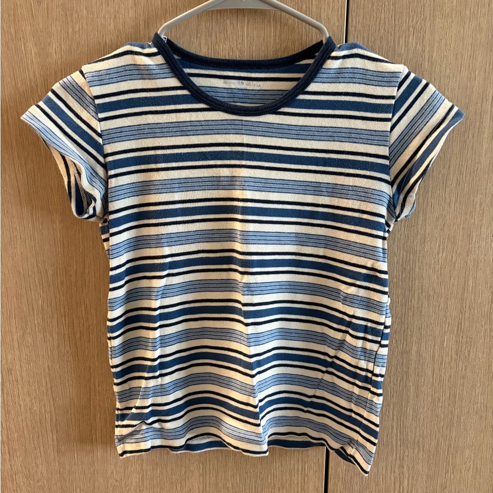 Brandy Melville Navy and White Striped Short-Sleeve Tee